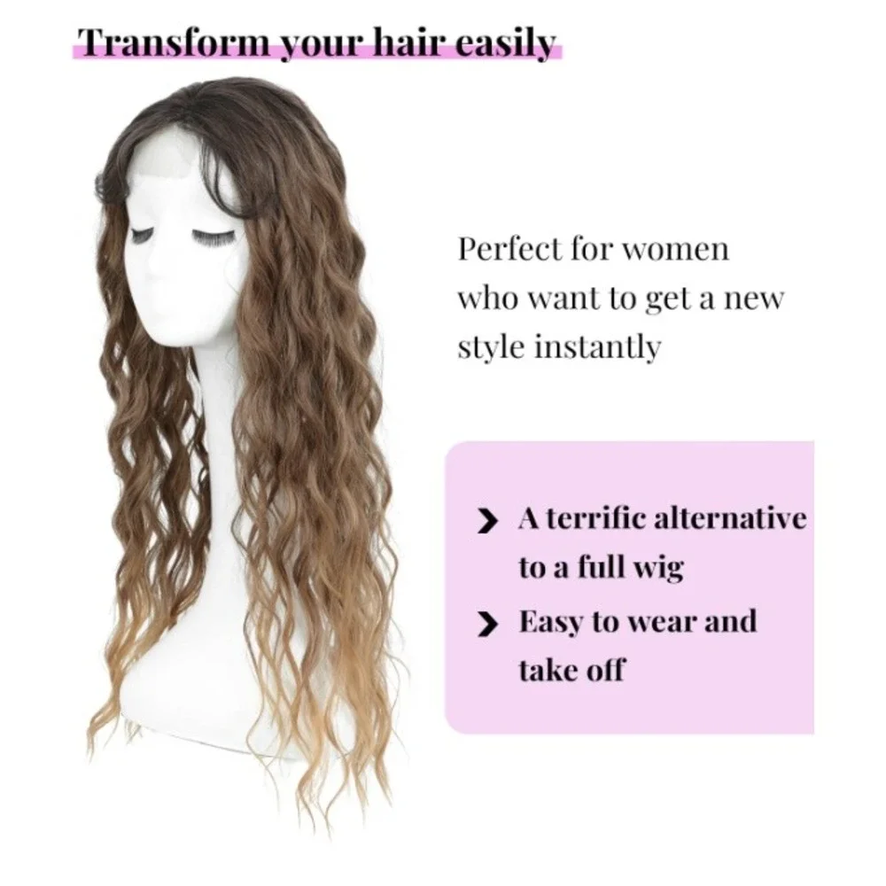 Molefi 26in Curly Hair Topper with Bangs Ombre Brown Wavy Synthetic‎ Hairpiece
